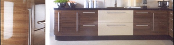 The Apollo Dark Walnut Gloss kitchen design is available from Gee's Kitchens, Bedrooms & Flooring of Kildare.
